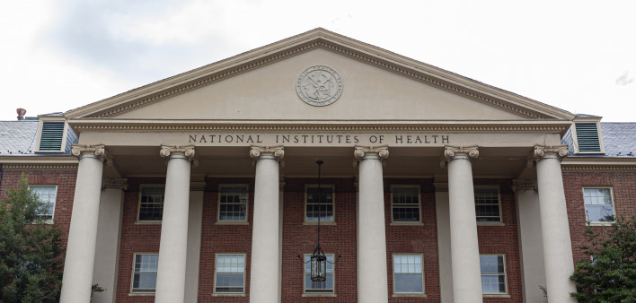 View of the main historical building of the National Institutes of Health inside Bethesda campus