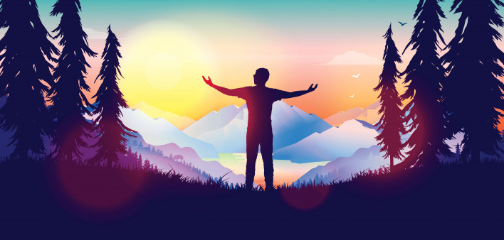 Silhouette of man outstretched arms sunrise mountains illustraion