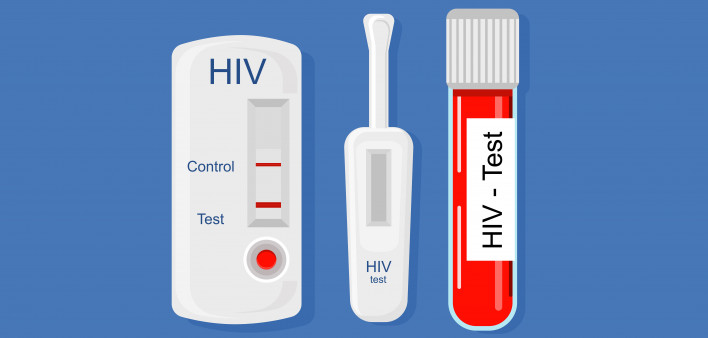 Express HIV self-test kit illustration with Laboratory tube with blood.Different types of medical tools