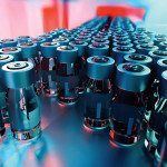 vials of vaccine on assembly line factory