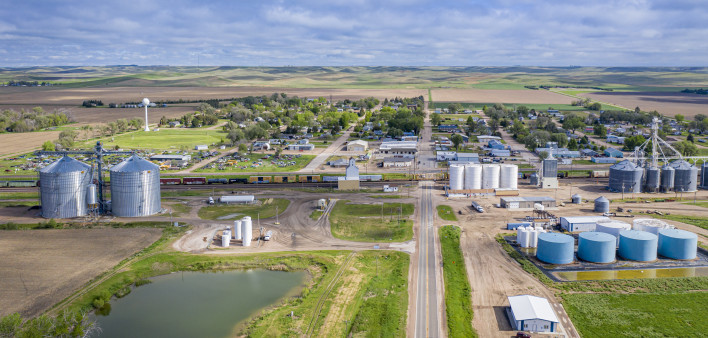 Aerial view of rural town in Nebraska Sandhills