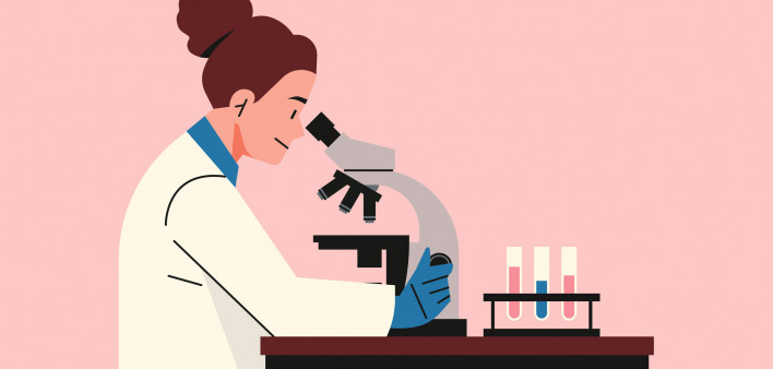 illustration woman scientist looking through microscope
