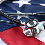 Stethoscope on a USA American flag healthcare