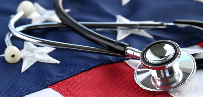 Stethoscope on a USA American flag healthcare