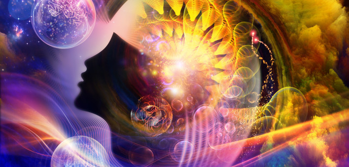 and abstract elements on the subject of spirituality, science, creativity and the mind