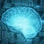 Blue digital computer brain on circuit board with glows and flares