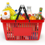 Shopping basket with variety of grocery products