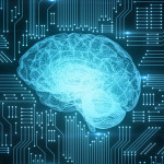 Blue digital computer brain on circuit board with glows and flares