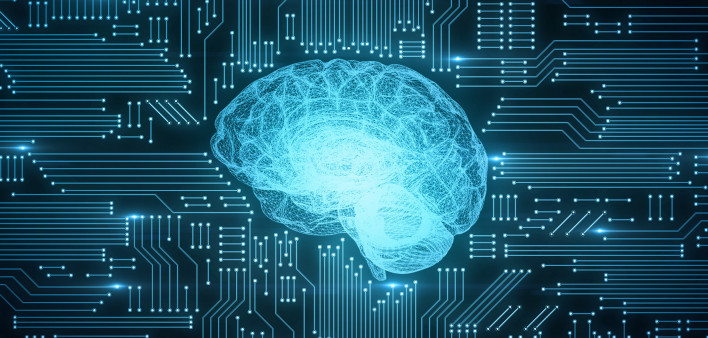 Blue digital computer brain on circuit board with glows and flares