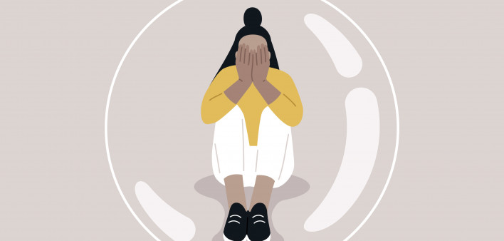 illustration woman in bubble covering face