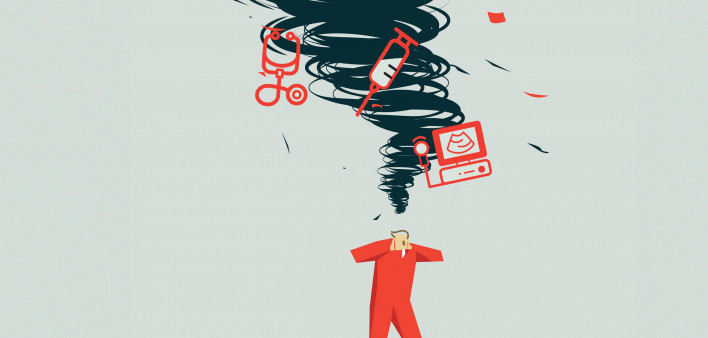 illutration man and tornado over his head with object swirling around