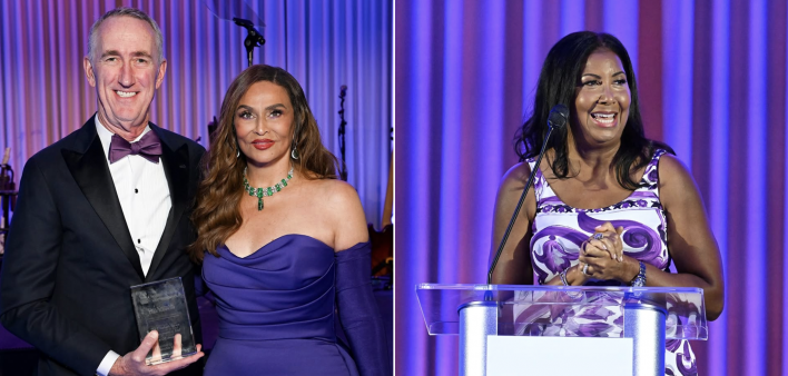 From left: Elizabeth Taylor Night of Compassion host Melvin Robert with honoree Tina Knowles; and Cookie Johnson, who recognized as the ETAF 2025 Champion, on September 19, 2025, in Beverly Hills