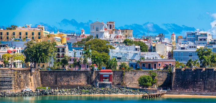 Colorful, historical buildings on the coast of Old San Juan, Puerto Rico