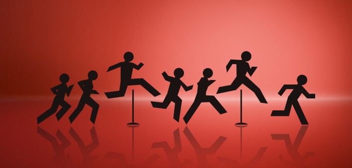 an illustration of cut out figures jumping over hurdles