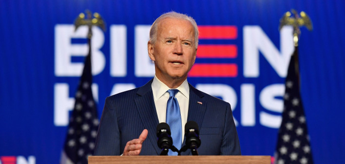 Democratic presidential nominee Joe Biden delivers remarks at the Chase Center in Wilmington, Delaware, on November 6, 2020.