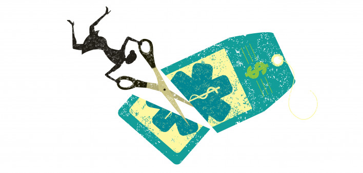 illustration woman with scissors cutting medical price tag