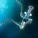 Coronavirus or sars-cov-2 virus cell with messenger RNA or mRNA and syringe