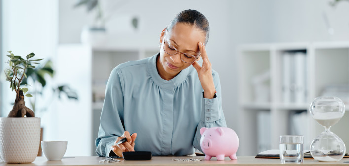 Debt, broke and financial crisis for a business woman frustrated and stressed without money.