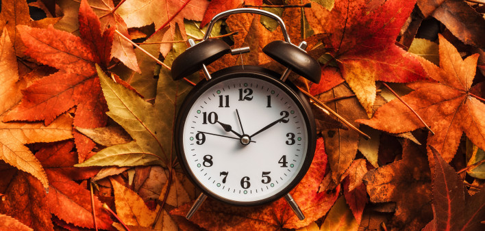 Autumn season time, retro vintage alarm clock