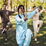 Tai chi trainer standing in crane pose before two students
