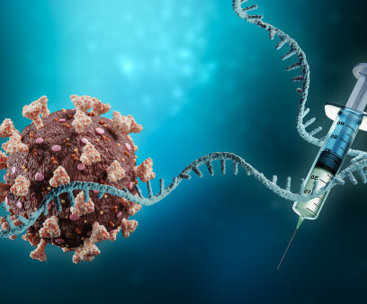 Coronavirus or sars-cov-2 virus cell with messenger RNA or mRNA and syringe