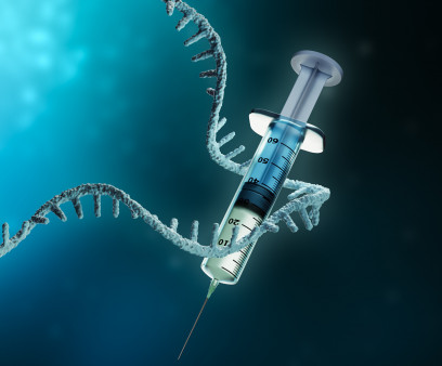 Coronavirus or sars-cov-2 virus cell with messenger RNA or mRNA and syringe