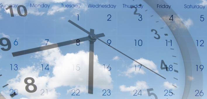 photo collage of clock, calendar and clouds
