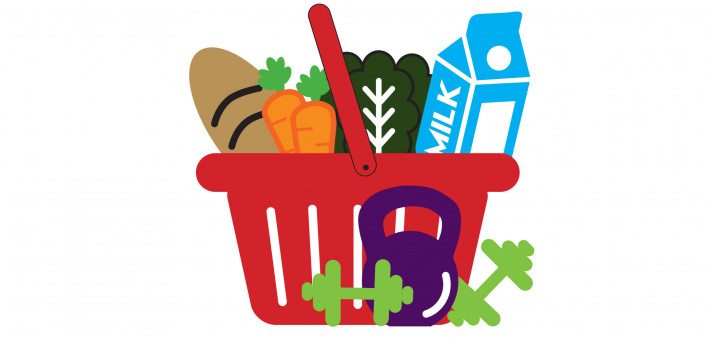 illustration grocery basket with food and gym weights