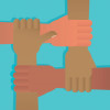 4 hands joined together different races skin tones