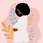 illustration Side View Of Young Pregnant African Woman With Black Curly Hair Holding Her Belly. Pregnancy And Motherhood
