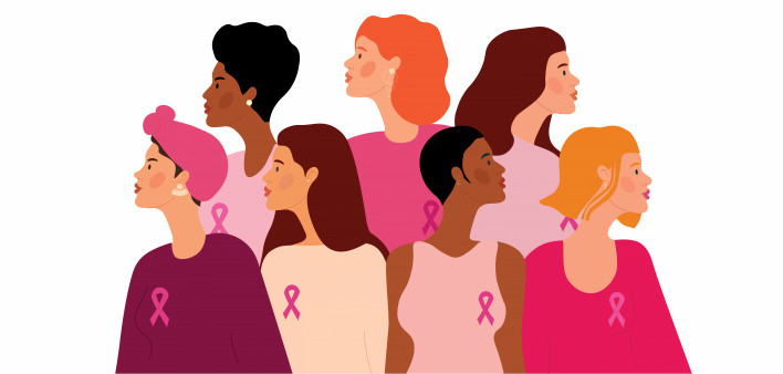 illustration of woman wearing pink ribbons breast cancer awareness