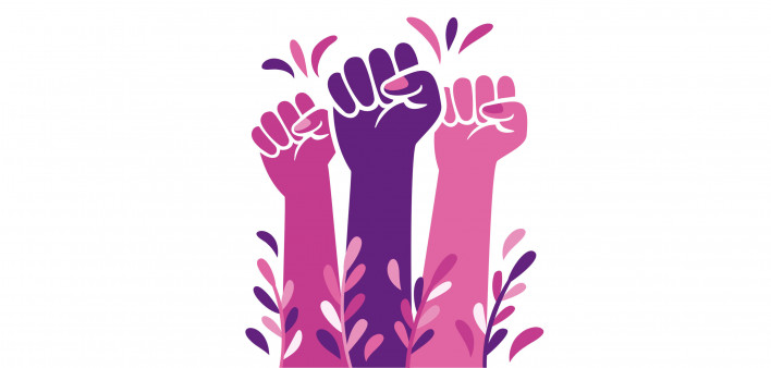 illustration pink purple fists raised women