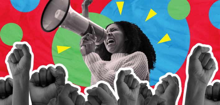 illustration demonstration woman megaphone raised fists