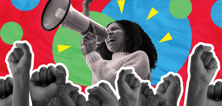 illustration demonstration woman megaphone raised fists