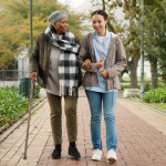 Help, cane and nurse with old woman in park for relax, support and person with a disability. Elderly care, conversation and healthcare with caregiver and patient in nature for medical rehabilitation