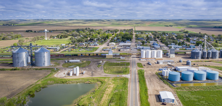 Aerial view of rural town in Nebraska Sandhills
