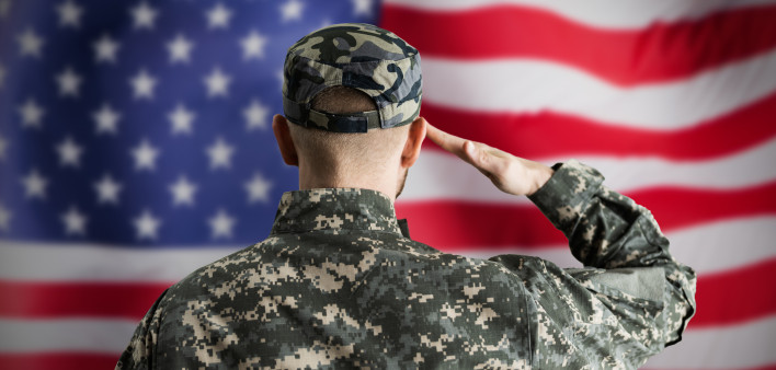 Military US Soldier Saluting Flag. Army Veteran
