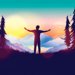 Silhouette of man outstretched arms sunrise mountains illustraion