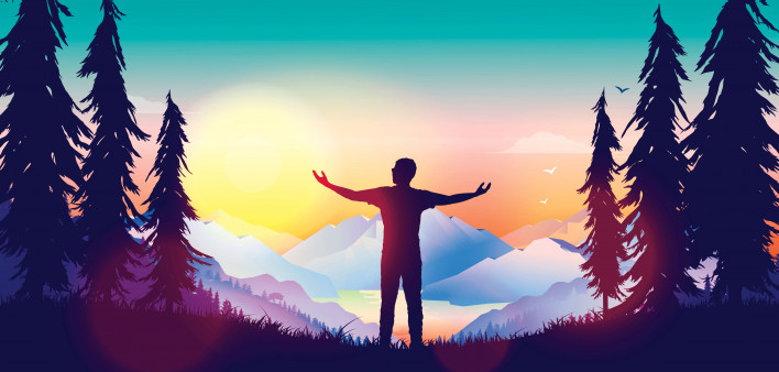 Silhouette of man outstretched arms sunrise mountains illustraion