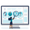 illustration comuter woman magnifying glass look at doctors