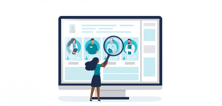 illustration comuter woman magnifying glass look at doctors