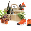 garden tools, plants and sneakers