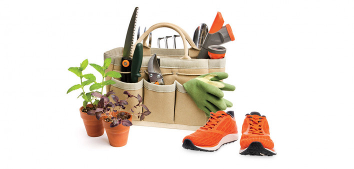 garden tools, plants and sneakers