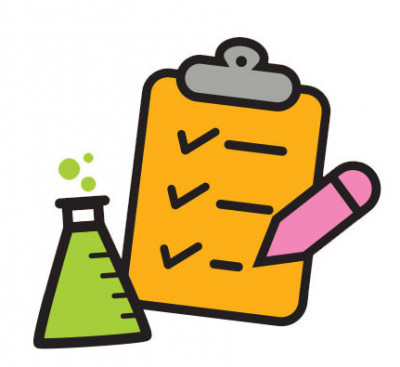 Clipboard with check marks, flask and pencil