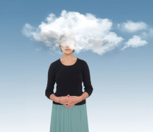 photo illustration woman with her head in the clouds