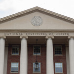 View of the main historical building of the National Institutes of Health inside Bethesda campus