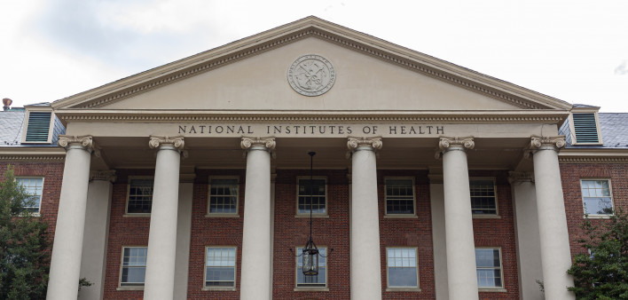 View of the main historical building of the National Institutes of Health inside Bethesda campus