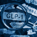 GLP-1 related drugs newspaper headlines with hand and magnifying glass stock photo Glucagon-like peptide-1, Medicine, Dieting, Semaglutide, Obesity