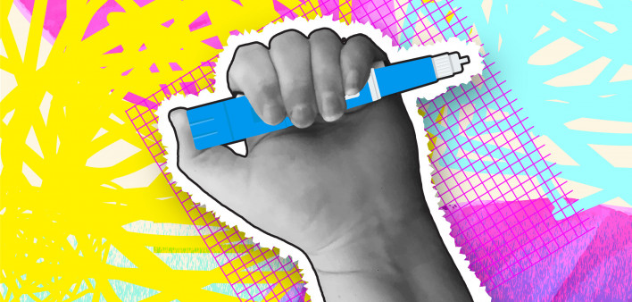 Collage style hand holding semaglutide Injection Pen cost or money concept with textures and vibrant colors stock illustration Semaglutide, Dieting, Injecting, Illustration, Medical Injection