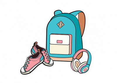 illustration backpack, sneakers and headphones